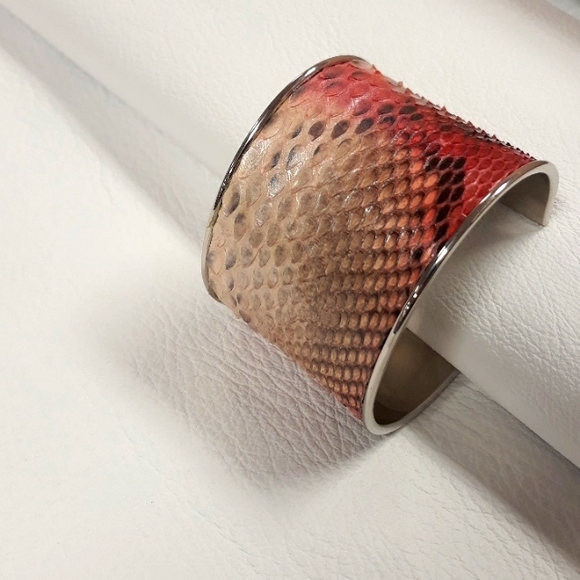 Metallic/ Pink Hand Painted Python Snakeskin Cuff Bracelet/ Handcrafted - Picture 3 of 16